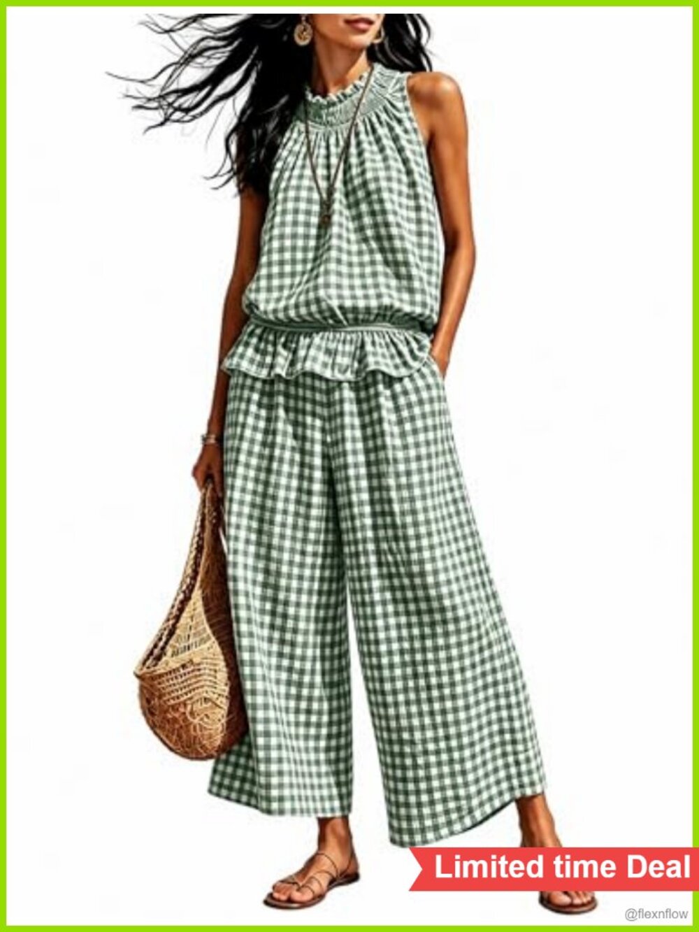 2 Piece Set Sleeveless Ruffle Top Wide Leg Pants Summer Beach Vacation